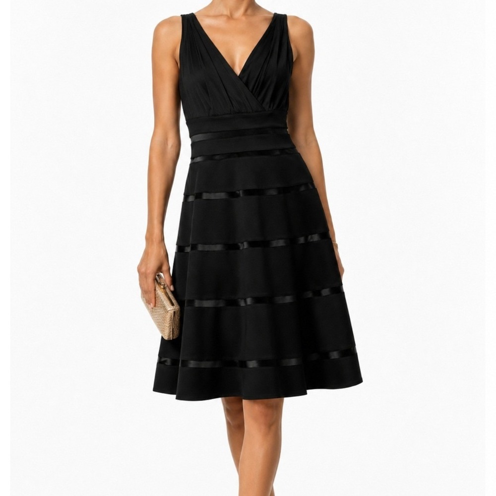 White House Black Market Black Mesh Banded Fit & Flare V-Neck Dress Womens 6